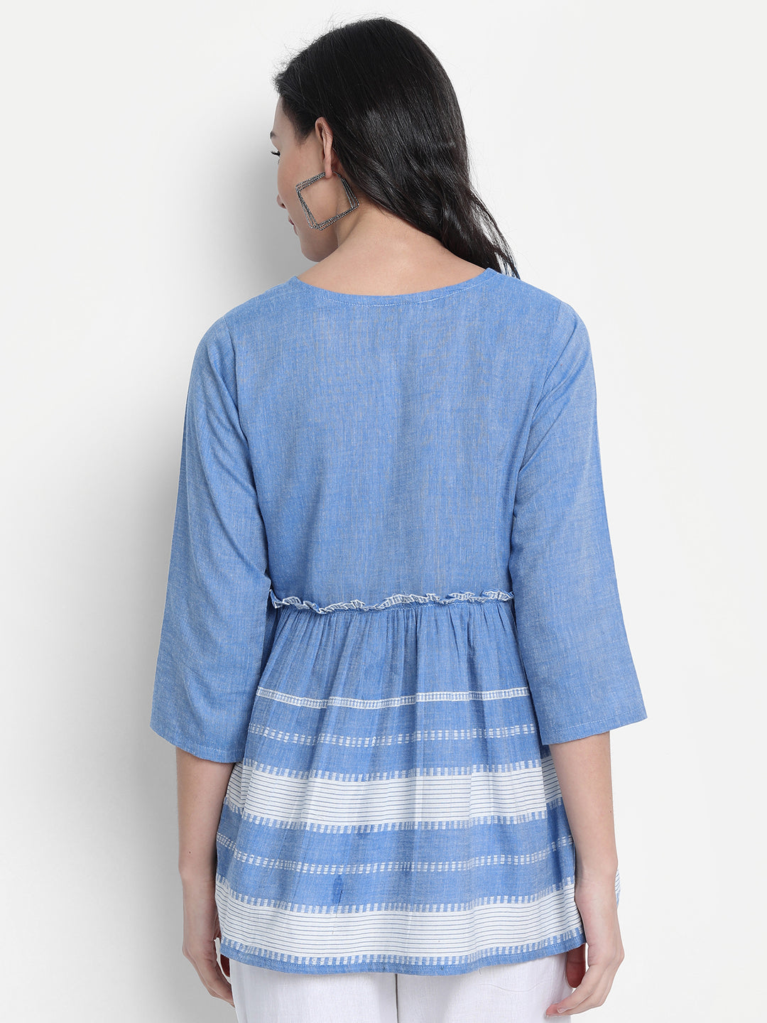 Janasya Women's Blue Cotton Striped Empire Top | Swadesiicart