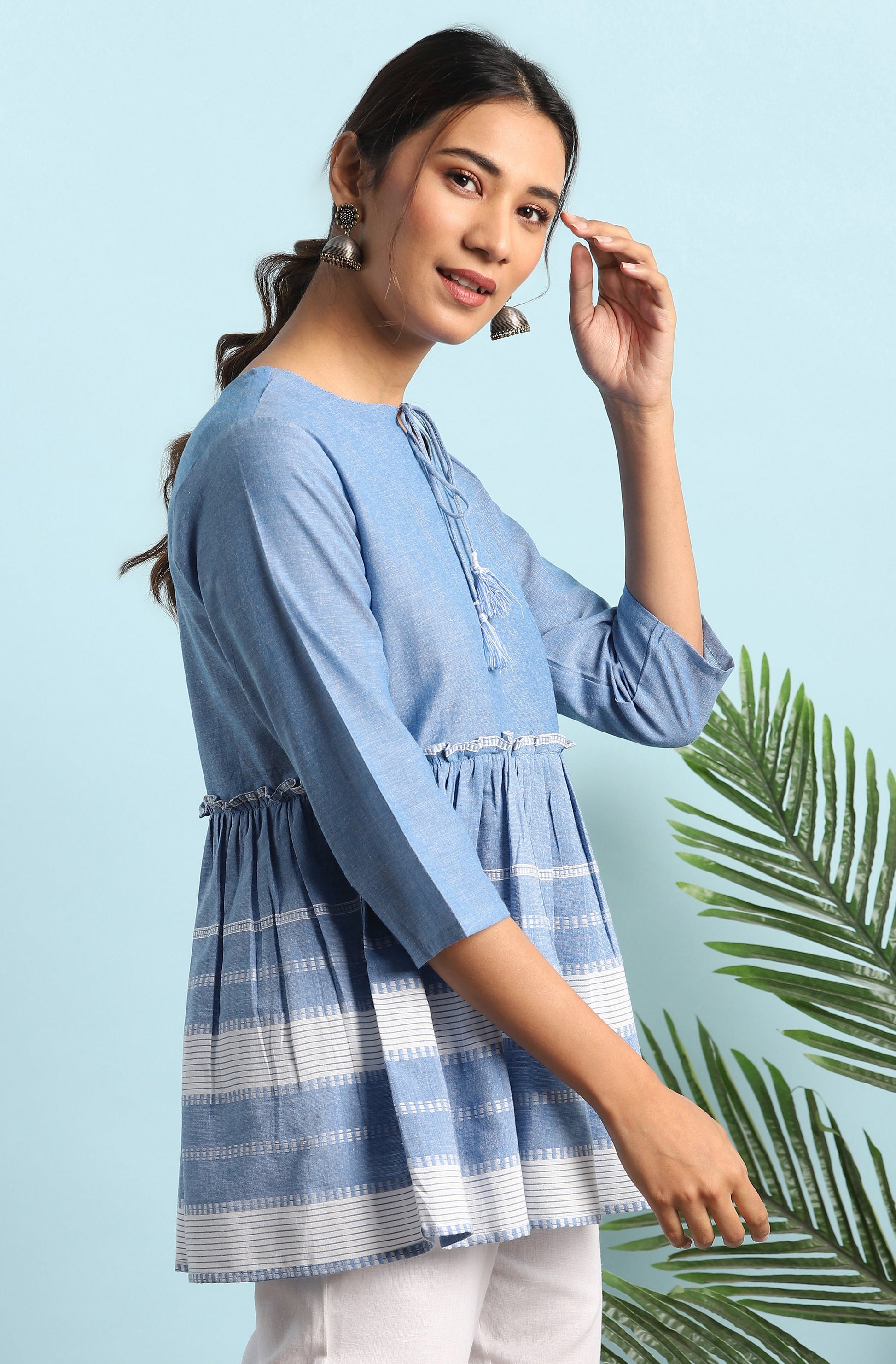 Janasya Women's Blue Cotton Striped Empire Top | Swadesiicart