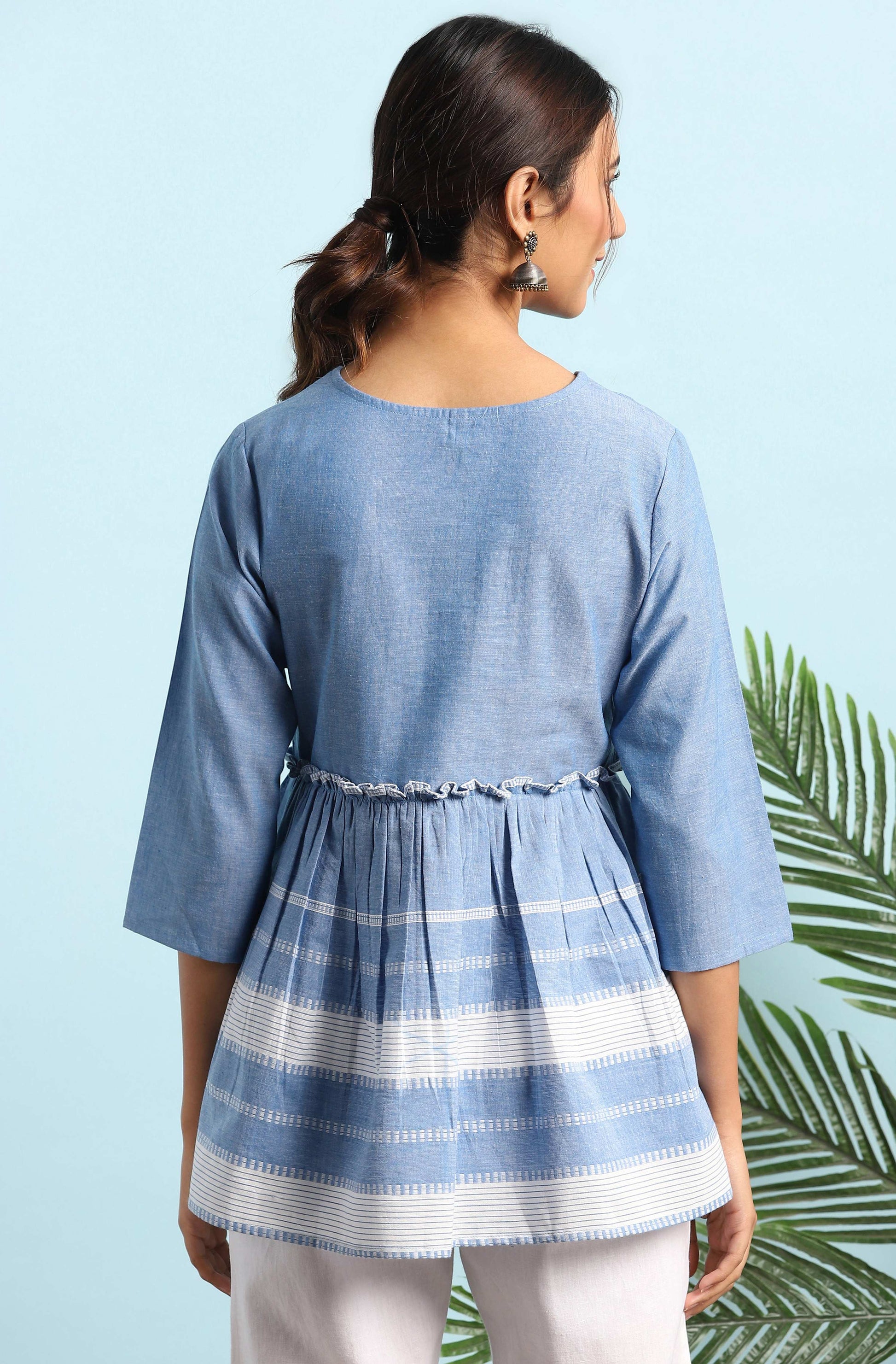 Janasya Women's Blue Cotton Striped Empire Top | Swadesiicart