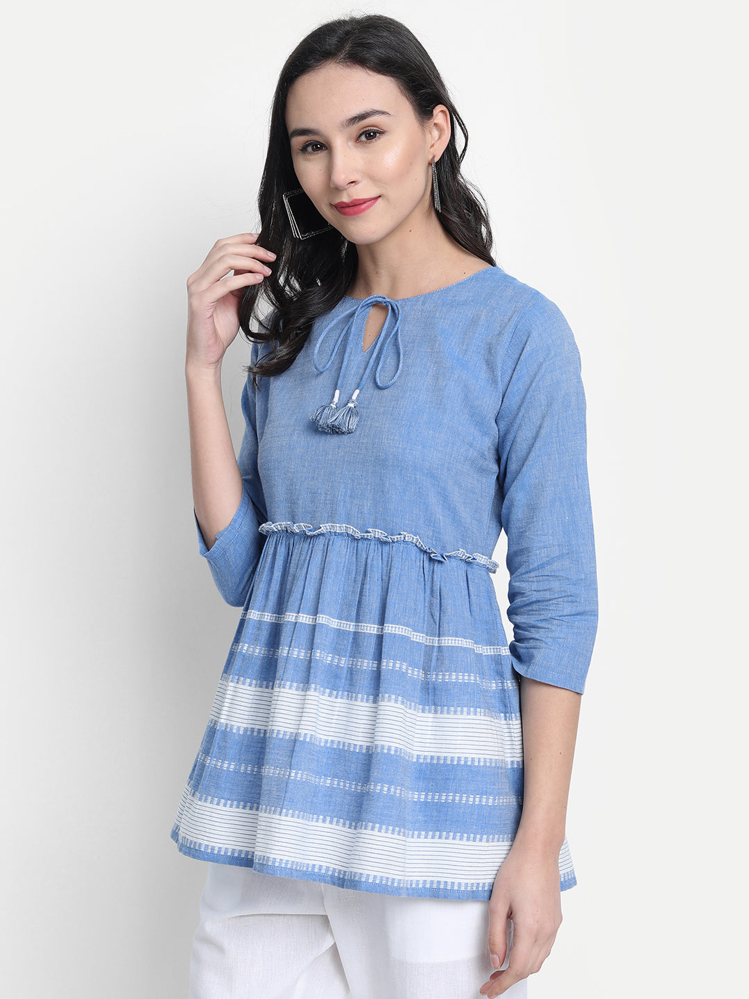 Janasya Women's Blue Cotton Striped Empire Top | Swadesiicart