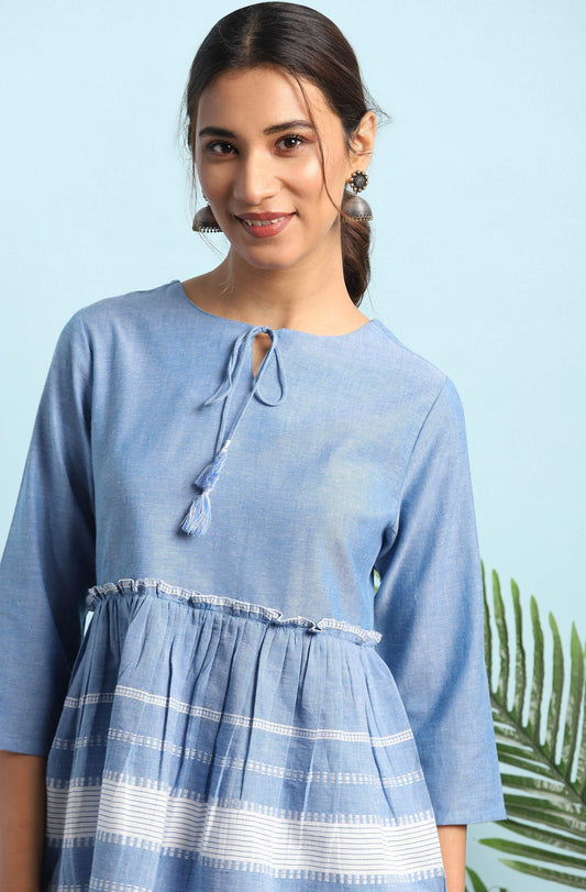 Janasya Women's Blue Cotton Striped Empire Top | Swadesiicart