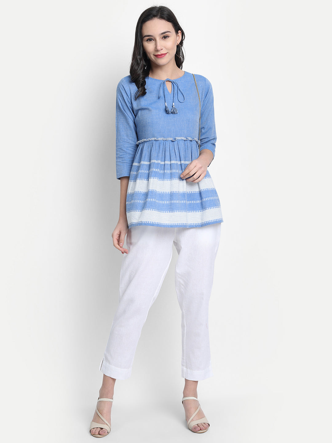 Janasya Women's Blue Cotton Striped Empire Top | Swadesiicart