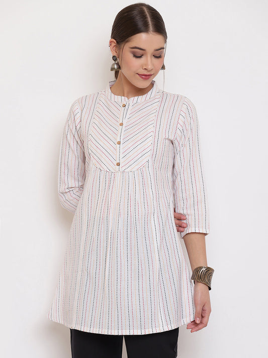 Janasya Women's White Cotton Woven Design A-Line Top | Swadesiicart