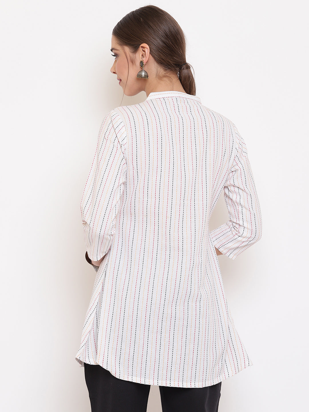 Janasya Women's White Cotton Woven Design A-Line Top | Swadesiicart