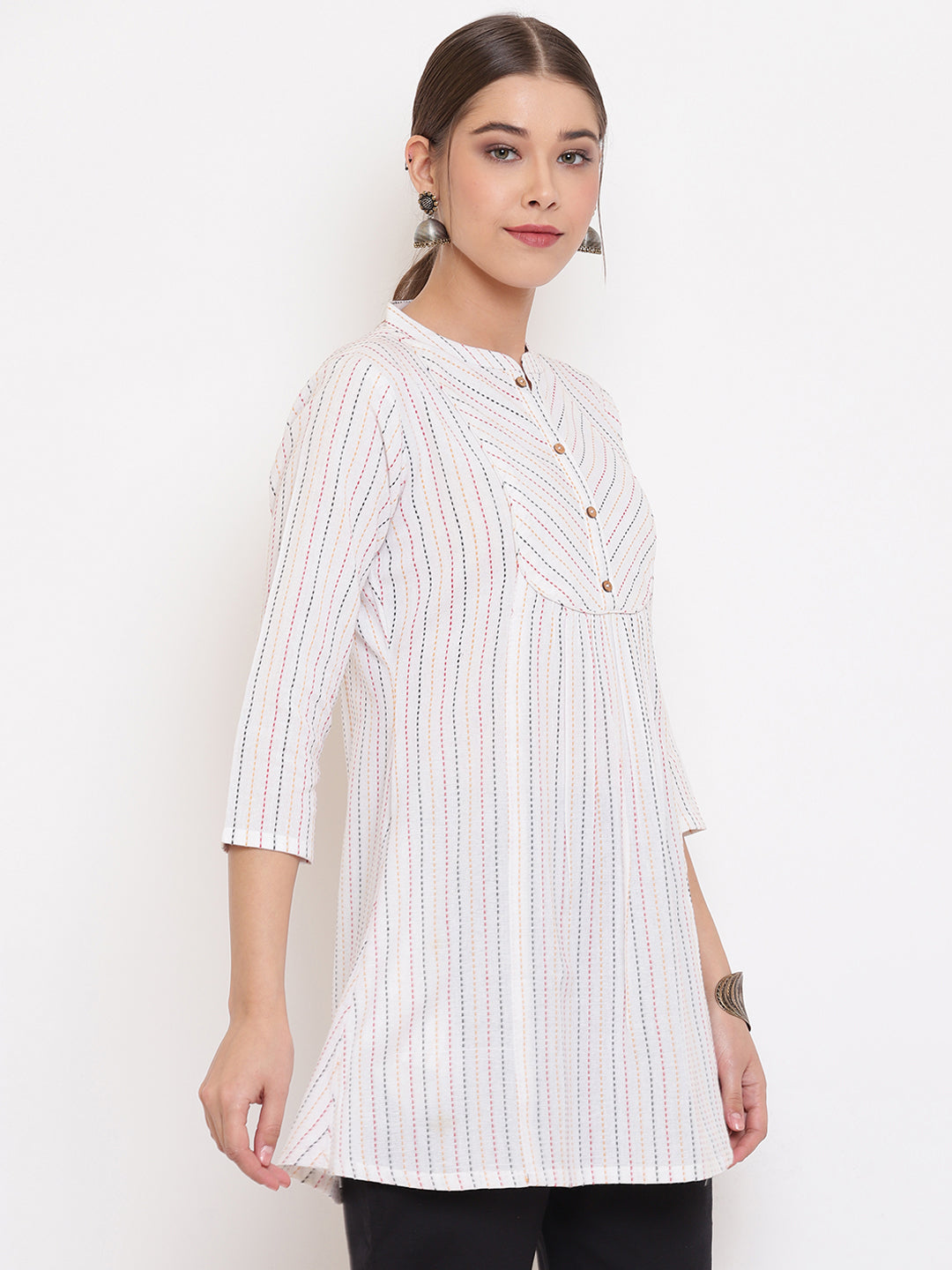 Janasya Women's White Cotton Woven Design A-Line Top | Swadesiicart