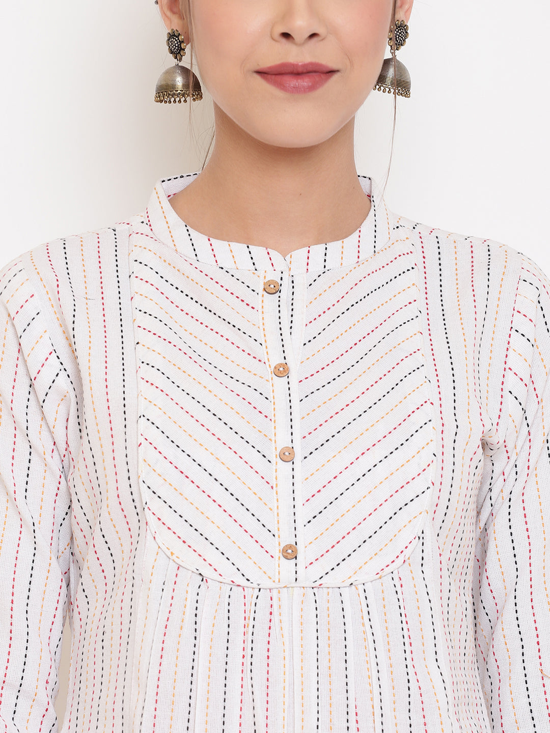 Janasya Women's White Cotton Woven Design A-Line Top | Swadesiicart