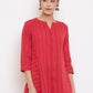 Janasya Women's Red Cotton Woven Design A-Line Top | Swadesiicart