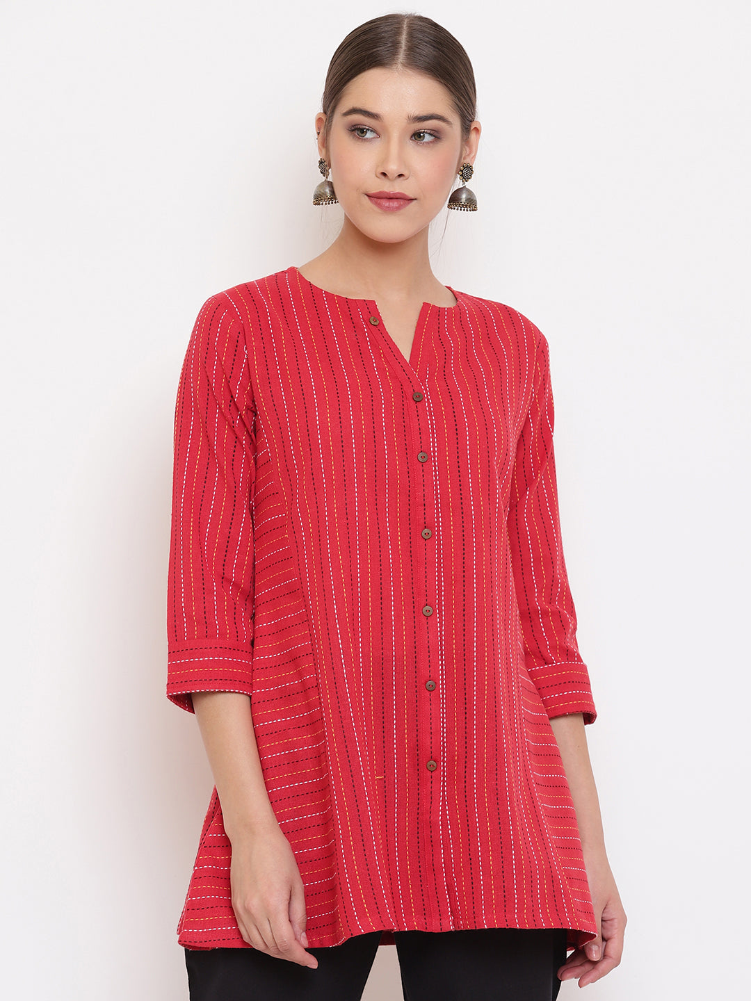 Janasya Women's Red Cotton Woven Design A-Line Top | Swadesiicart