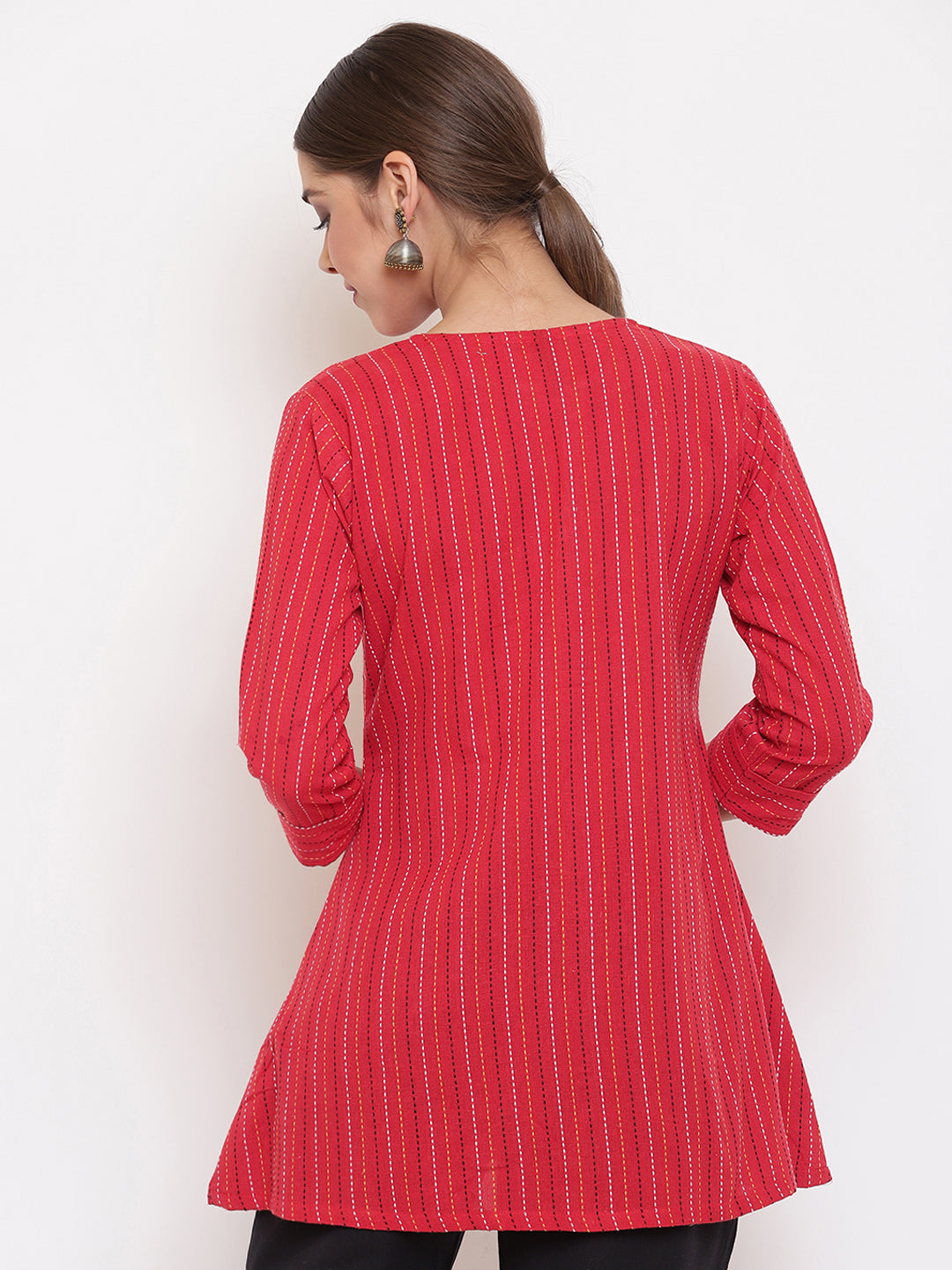 Janasya Women's Red Cotton Woven Design A-Line Top | Swadesiicart