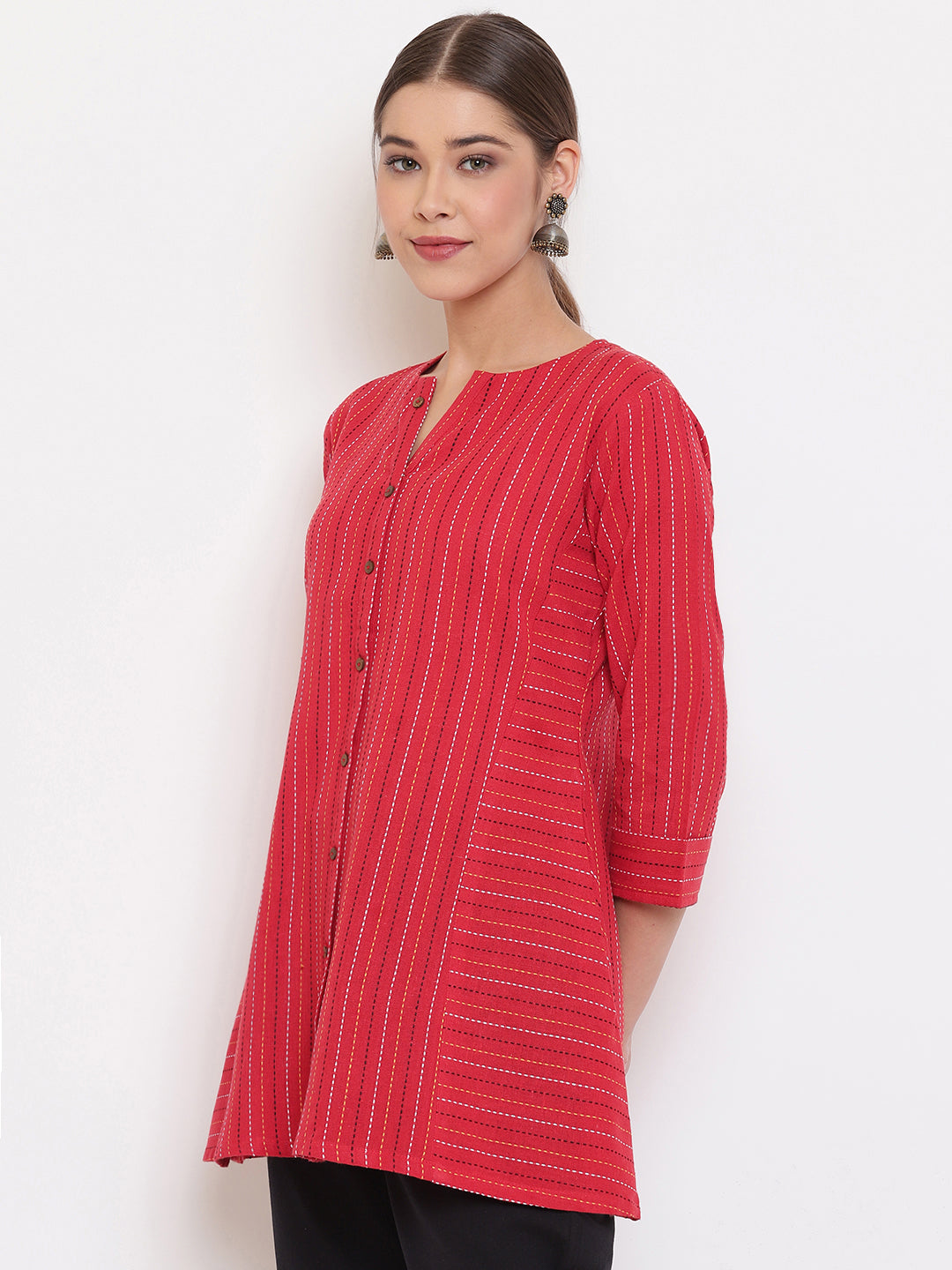 Janasya Women's Red Cotton Woven Design A-Line Top | Swadesiicart