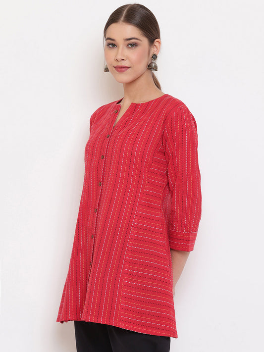 Janasya Women's Red Cotton Woven Design A-Line Top | Swadesiicart