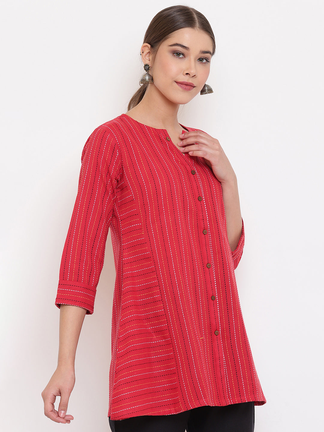 Janasya Women's Red Cotton Woven Design A-Line Top | Swadesiicart