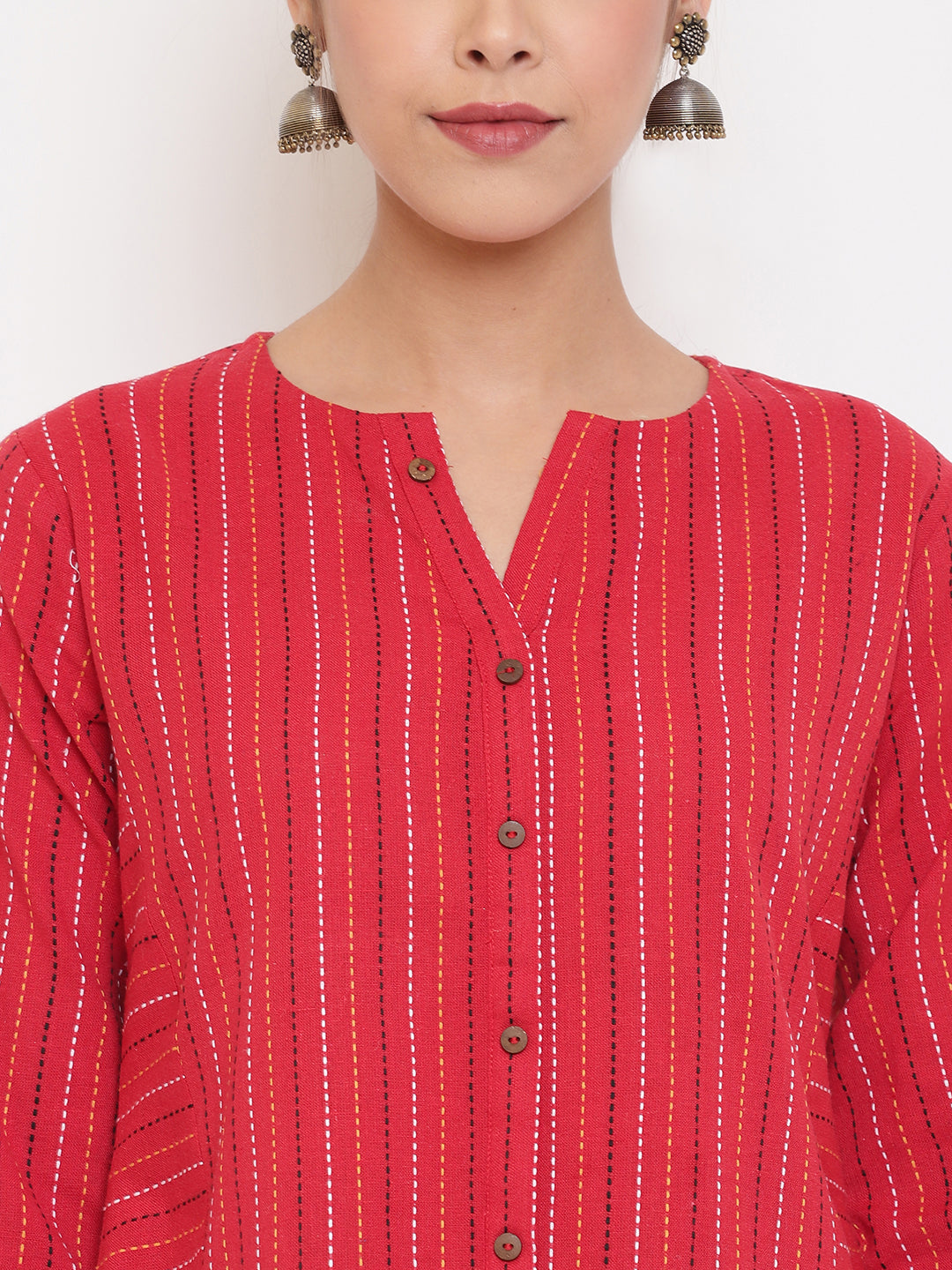 Janasya Women's Red Cotton Woven Design A-Line Top | Swadesiicart