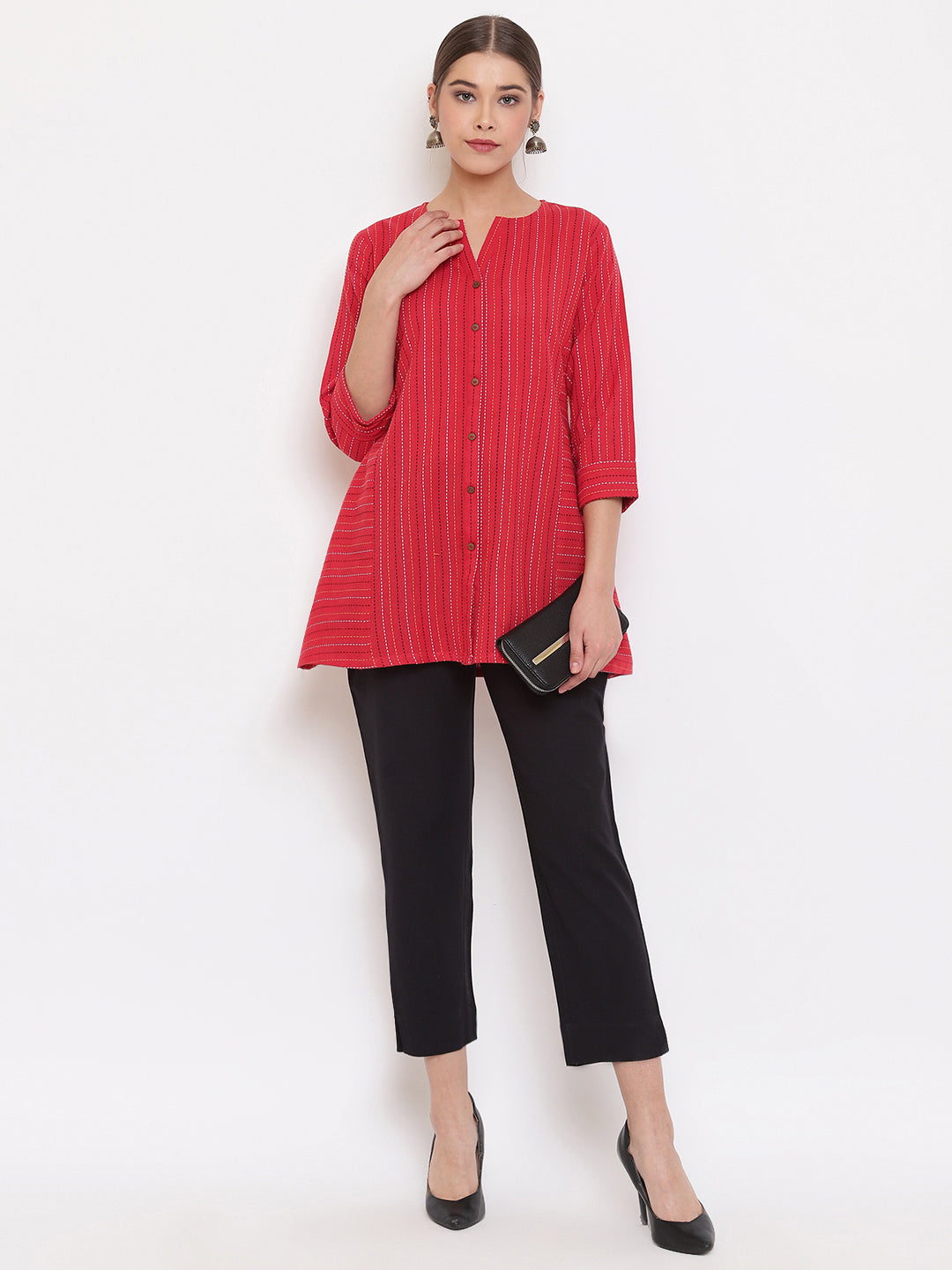 Janasya Women's Red Cotton Woven Design A-Line Top | Swadesiicart