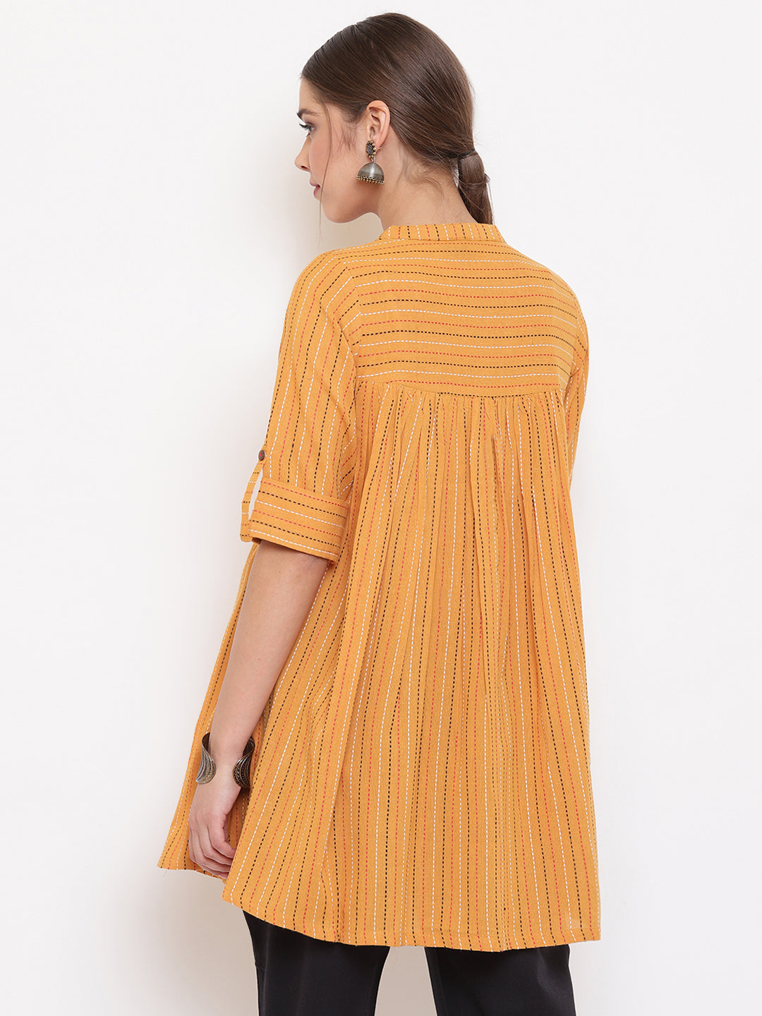 Janasya Women's Mustard Cotton Woven Design Gathered Tunic | Swadesiicart