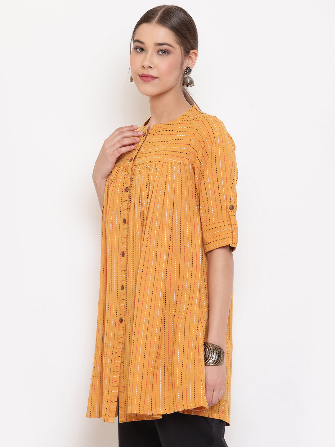 Janasya Women's Mustard Cotton Woven Design Gathered Tunic | Swadesiicart