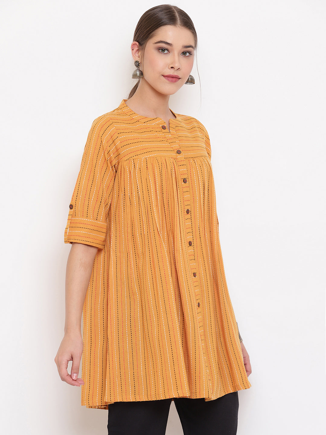 Janasya Women's Mustard Cotton Woven Design Gathered Tunic | Swadesiicart