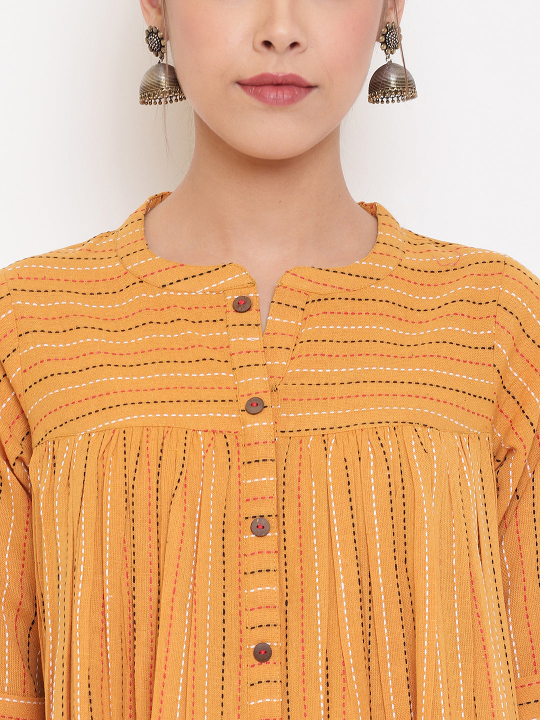 Janasya Women's Mustard Cotton Woven Design Gathered Tunic | Swadesiicart