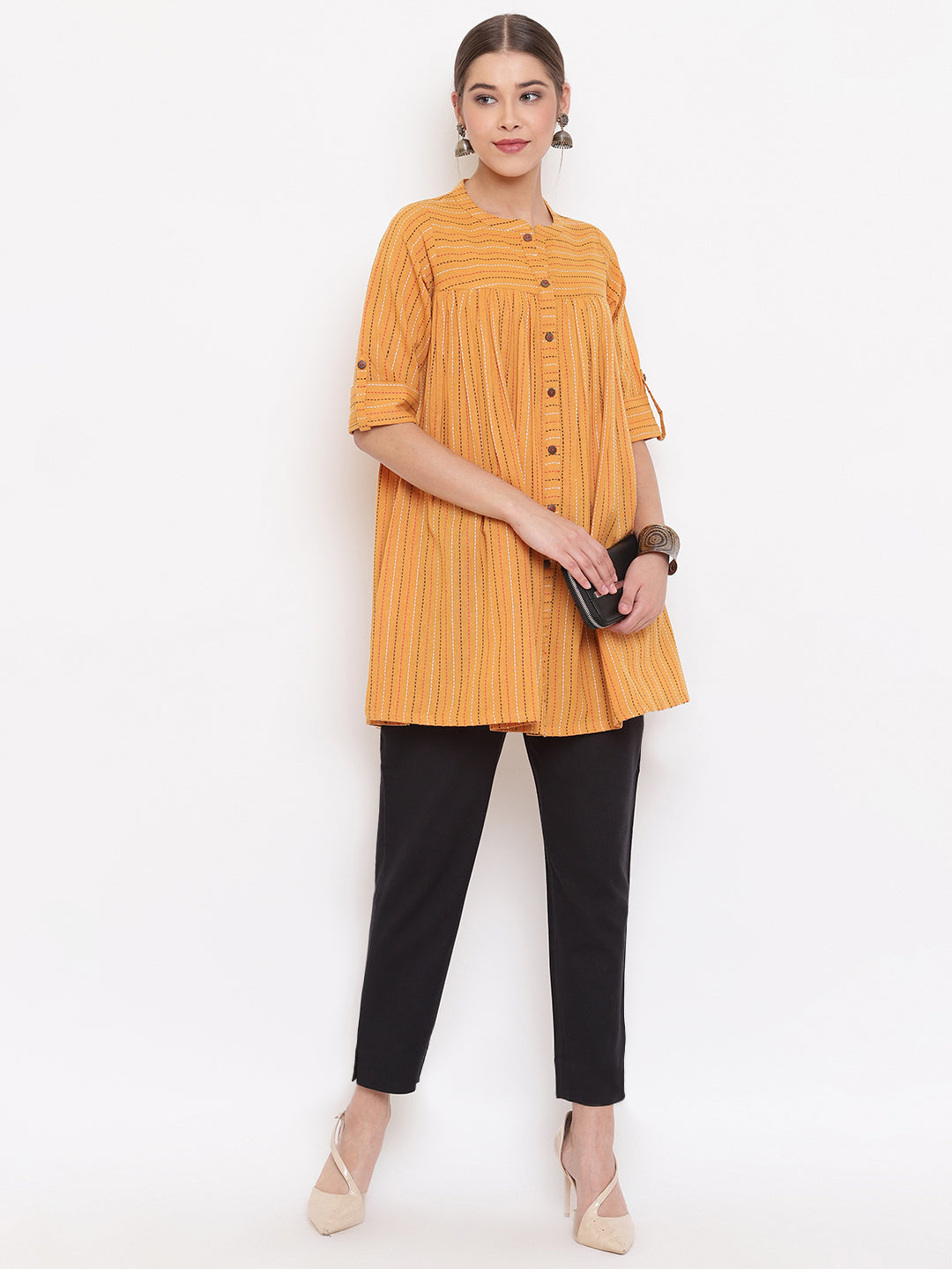 Janasya Women's Mustard Cotton Woven Design Gathered Tunic | Swadesiicart