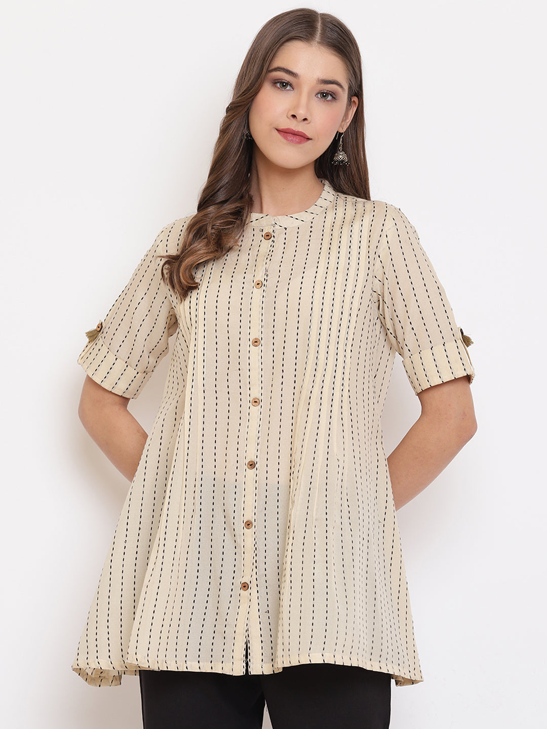 Janasya Women's Cream Cotton Striped Pleated Top | Swadesiicart