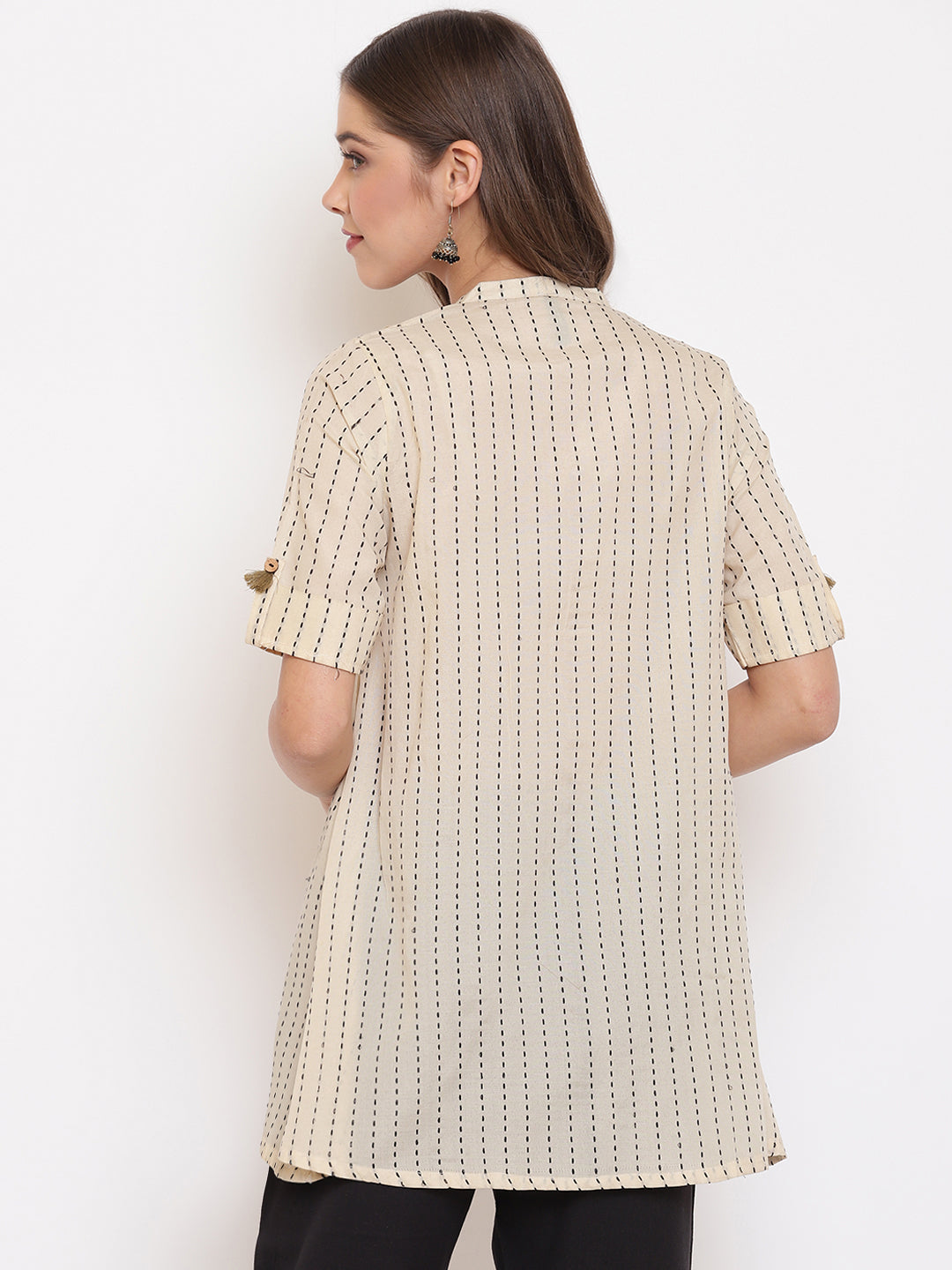 Janasya Women's Cream Cotton Striped Pleated Top | Swadesiicart