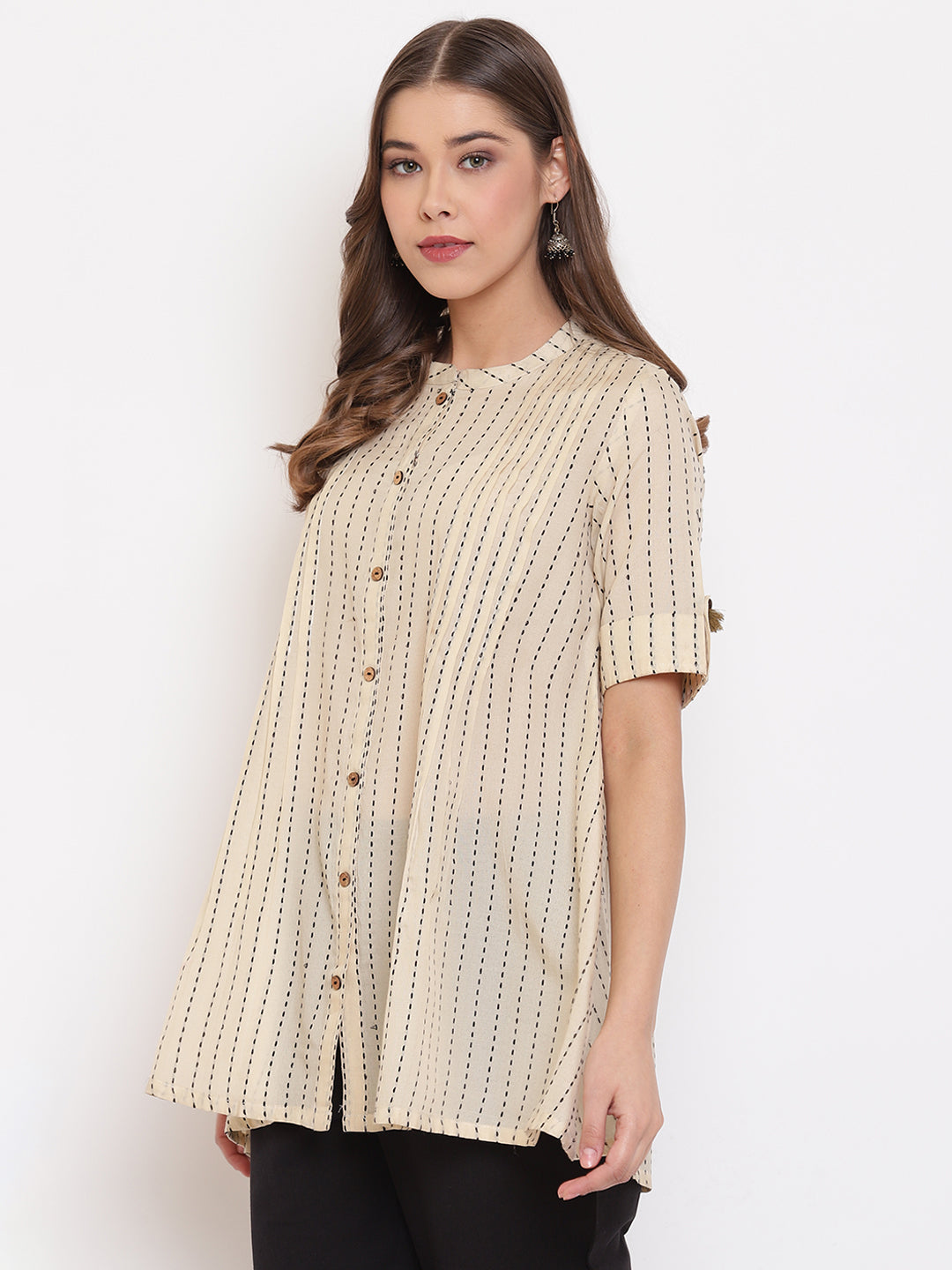 Janasya Women's Cream Cotton Striped Pleated Top | Swadesiicart