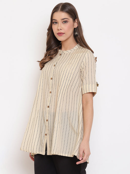 Janasya Women's Cream Cotton Striped Pleated Top | Swadesiicart