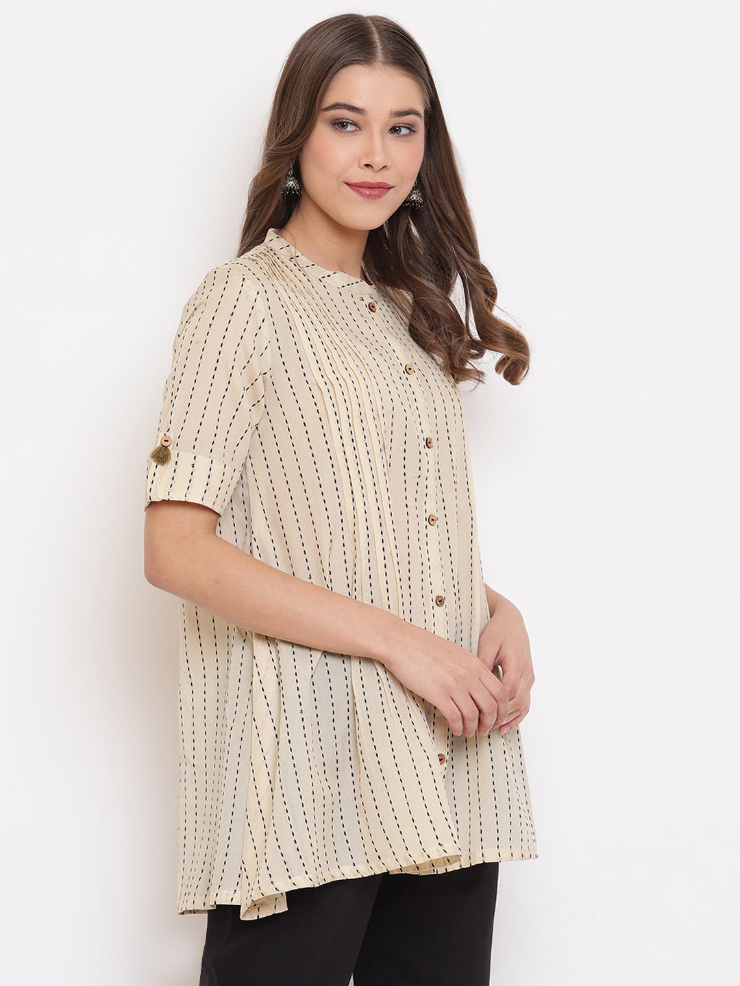 Janasya Women's Cream Cotton Striped Pleated Top | Swadesiicart