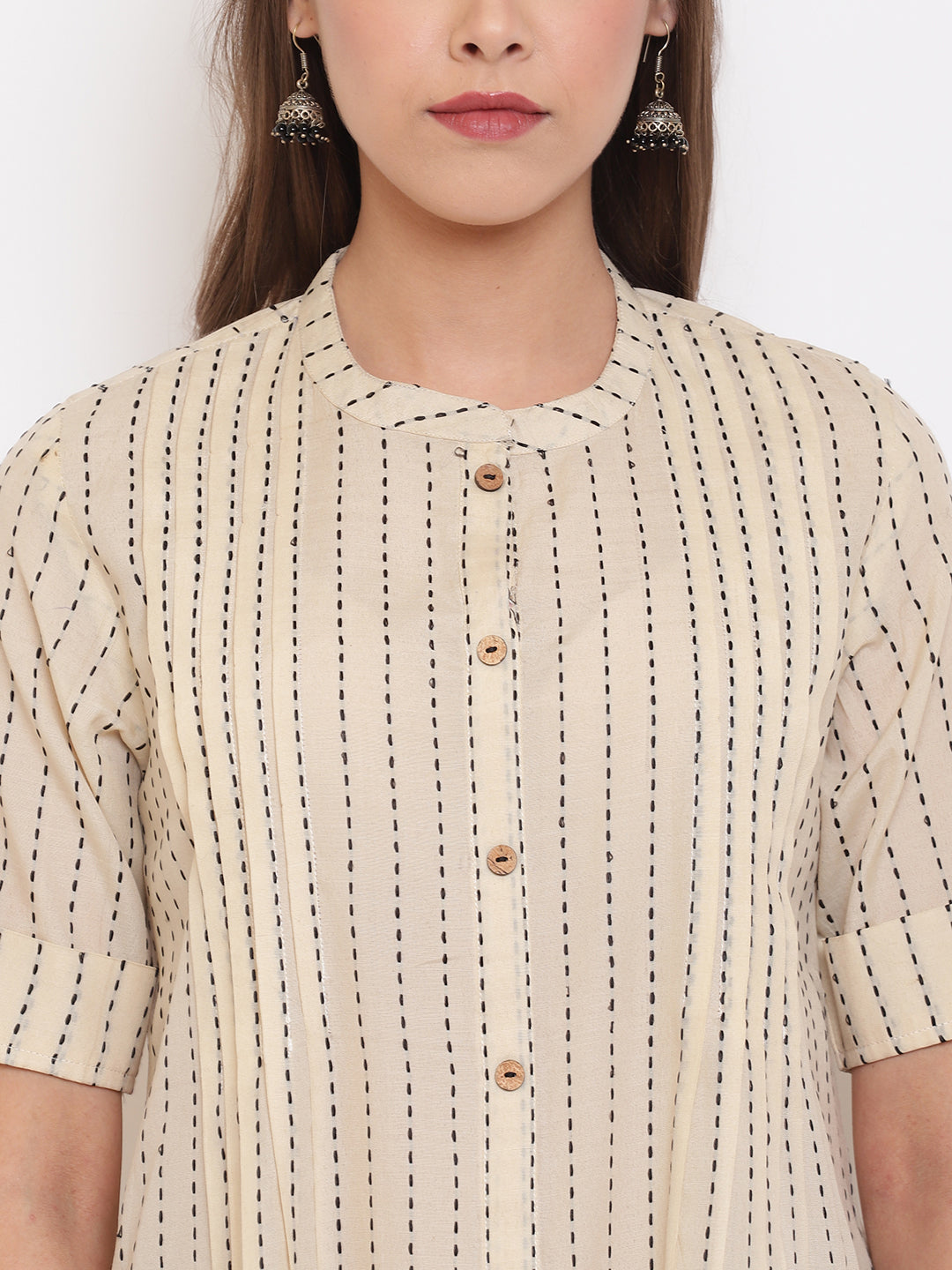 Janasya Women's Cream Cotton Striped Pleated Top | Swadesiicart