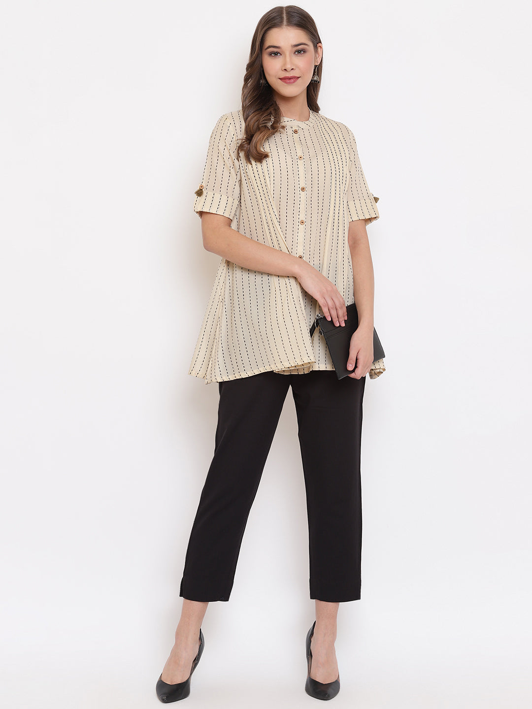Janasya Women's Cream Cotton Striped Pleated Top | Swadesiicart
