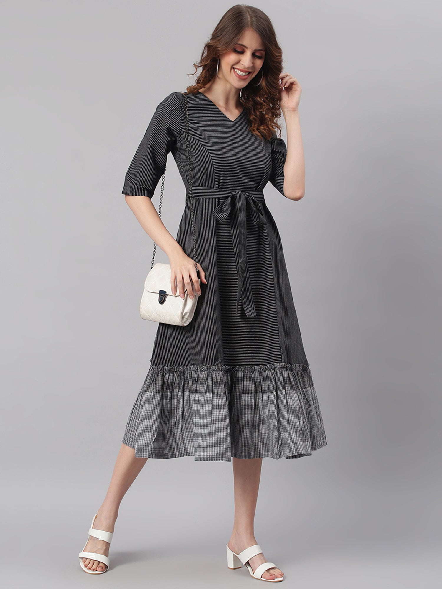 Janasya Black Cotton Striped Flared Casual Dress | Swadesiicart