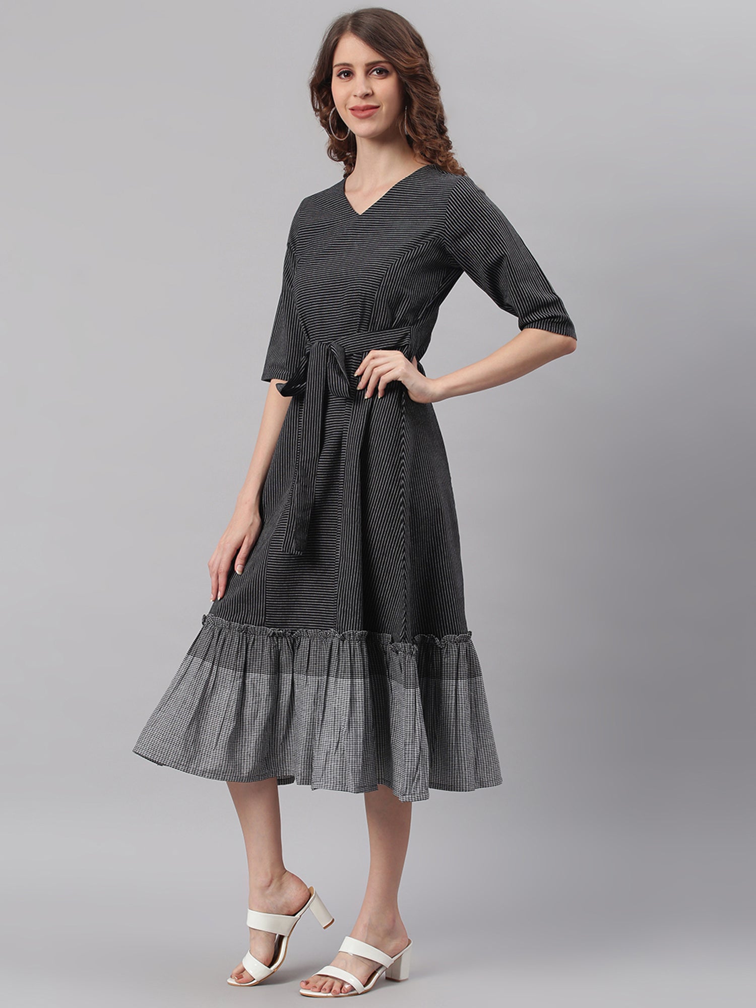 Janasya Black Cotton Striped Flared Casual Dress | Swadesiicart