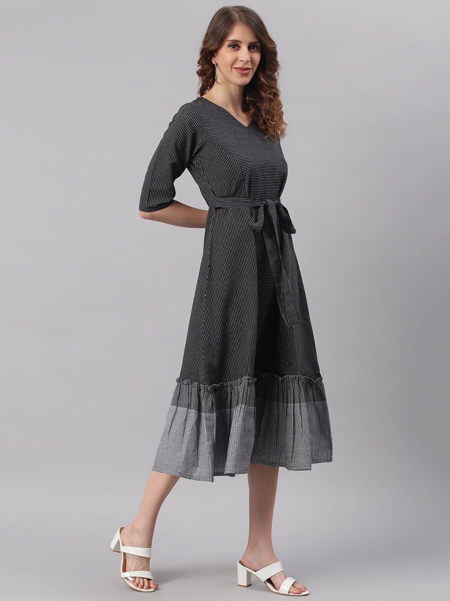 Janasya Black Cotton Striped Flared Casual Dress | Swadesiicart