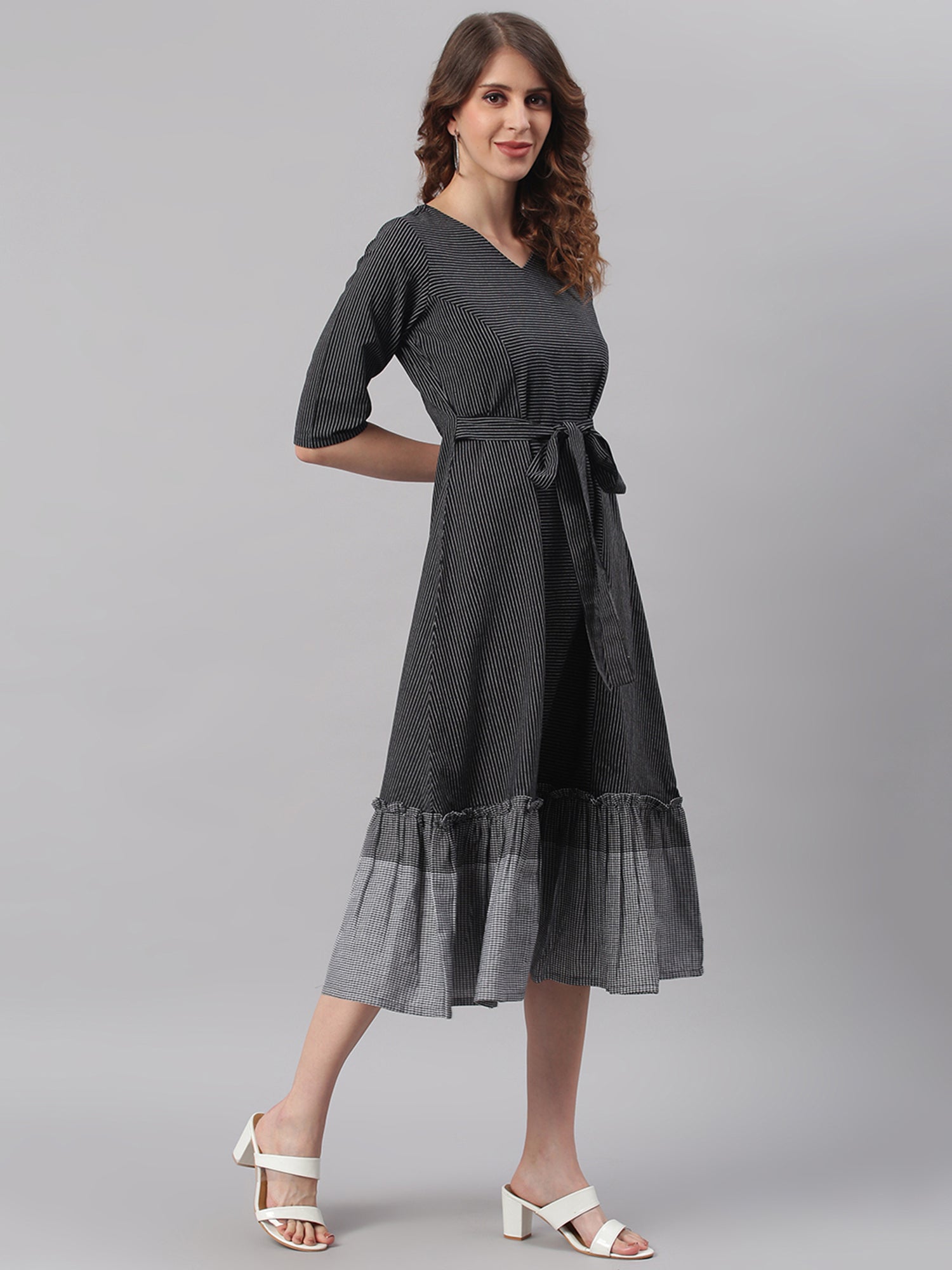 Janasya Black Cotton Striped Flared Casual Dress | Swadesiicart
