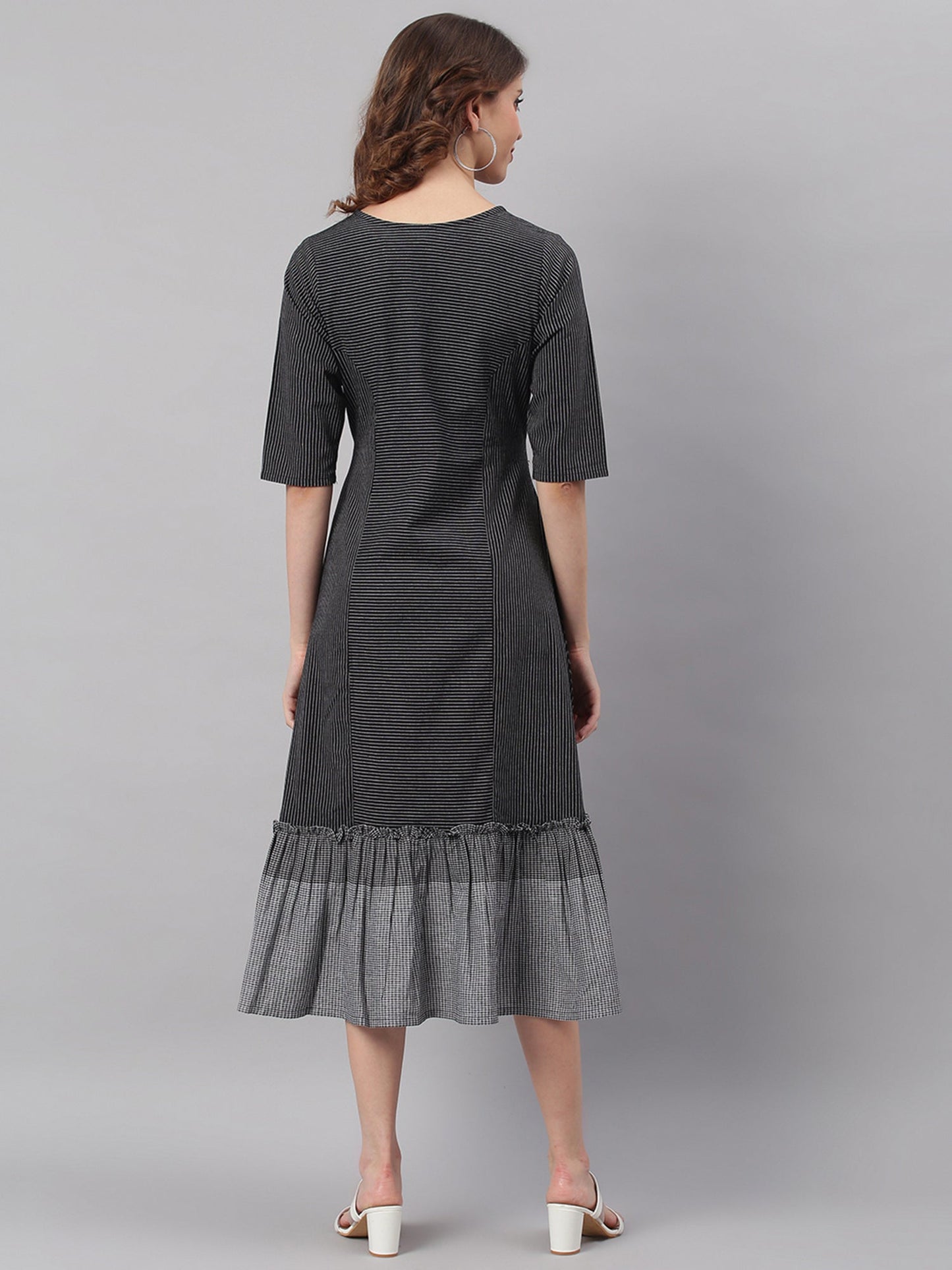 Janasya Black Cotton Striped Flared Casual Dress | Swadesiicart