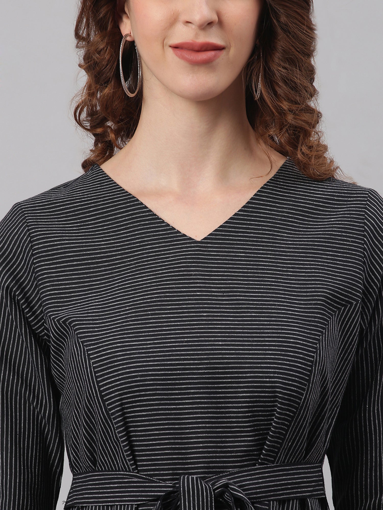 Janasya Black Cotton Striped Flared Casual Dress | Swadesiicart