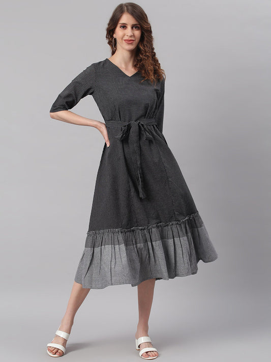 Janasya Black Cotton Striped Flared Casual Dress | Swadesiicart