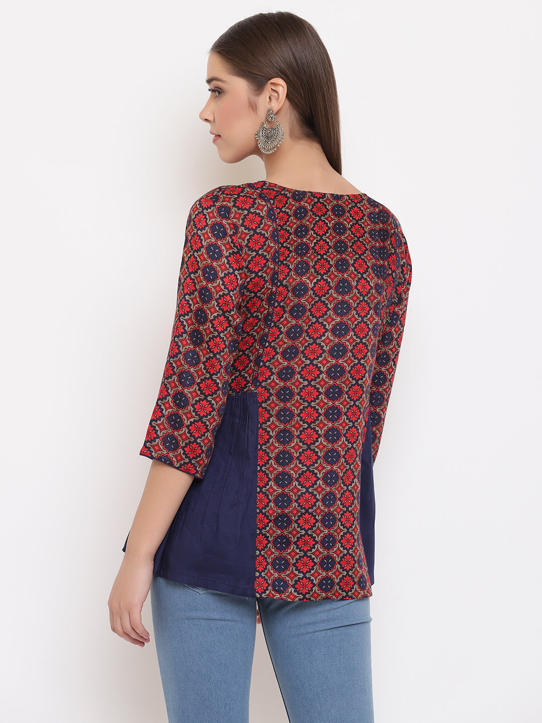 Janasya Women's Blue Rayon Ajrakh Gathered Top | Swadesiicart