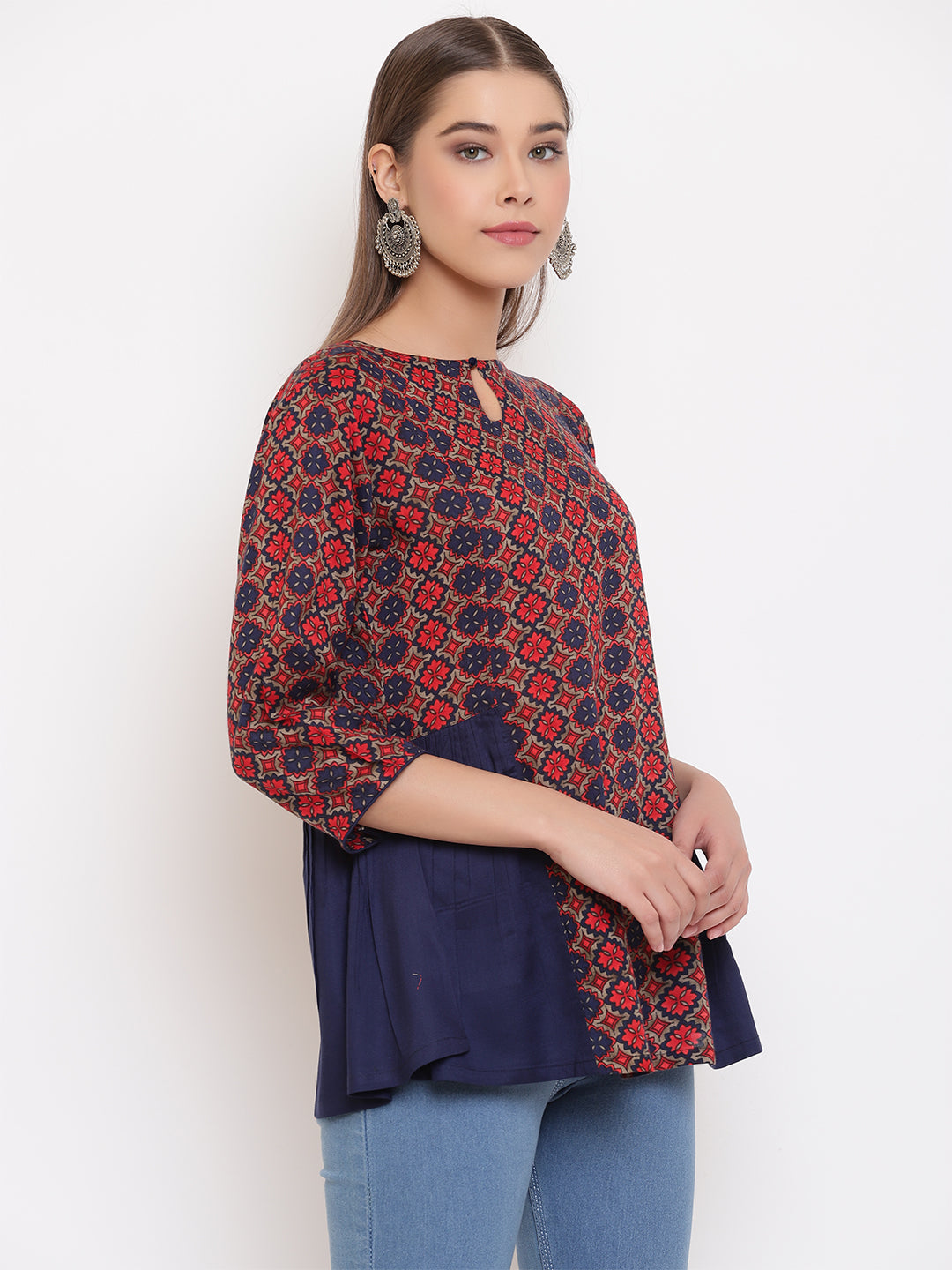 Janasya Women's Blue Rayon Ajrakh Gathered Top | Swadesiicart