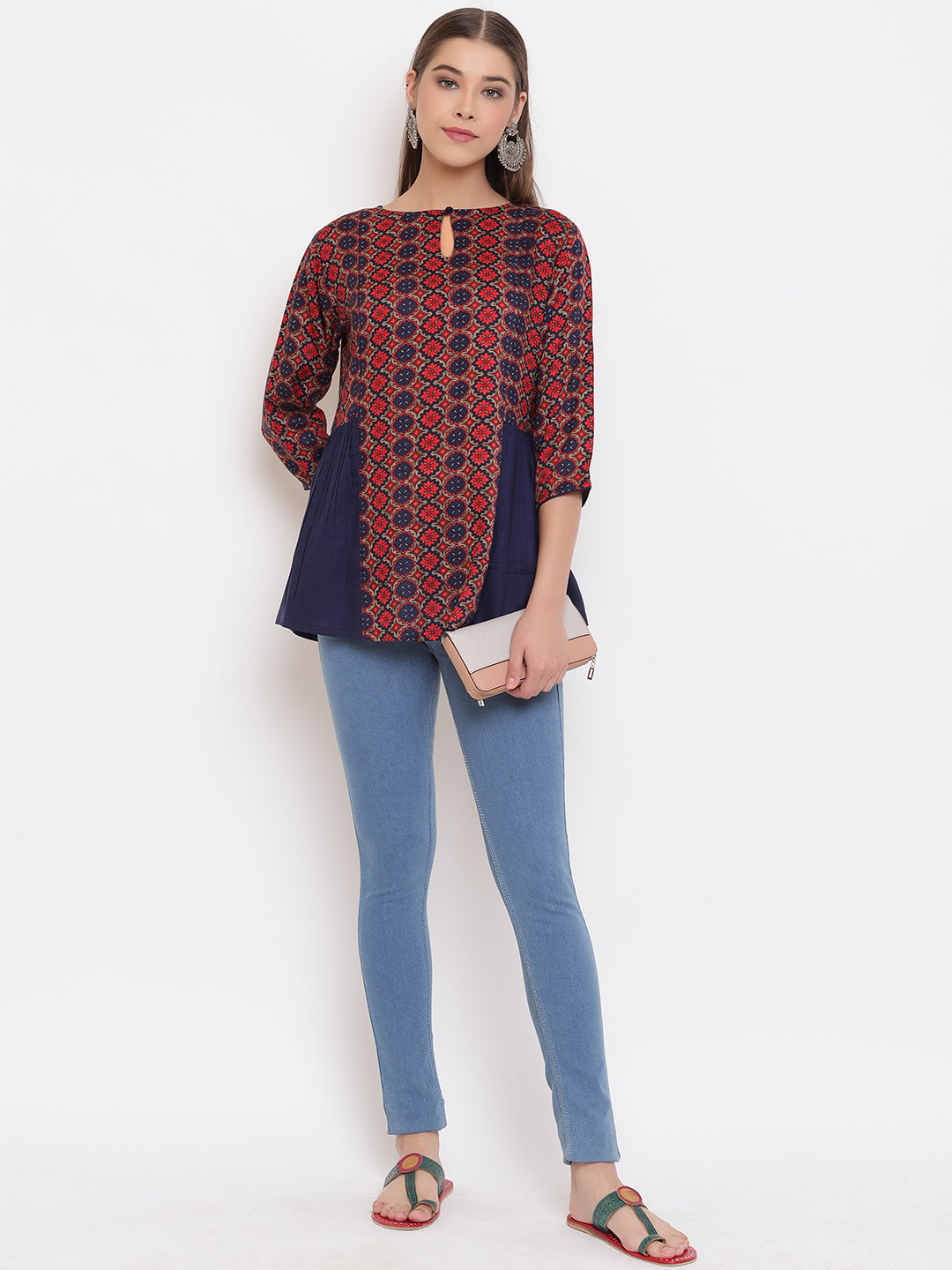 Janasya Women's Blue Rayon Ajrakh Gathered Top | Swadesiicart
