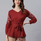 Janasya Women's Maroon Cotton Flex Embroidered A-Line Top | Swadesiicart