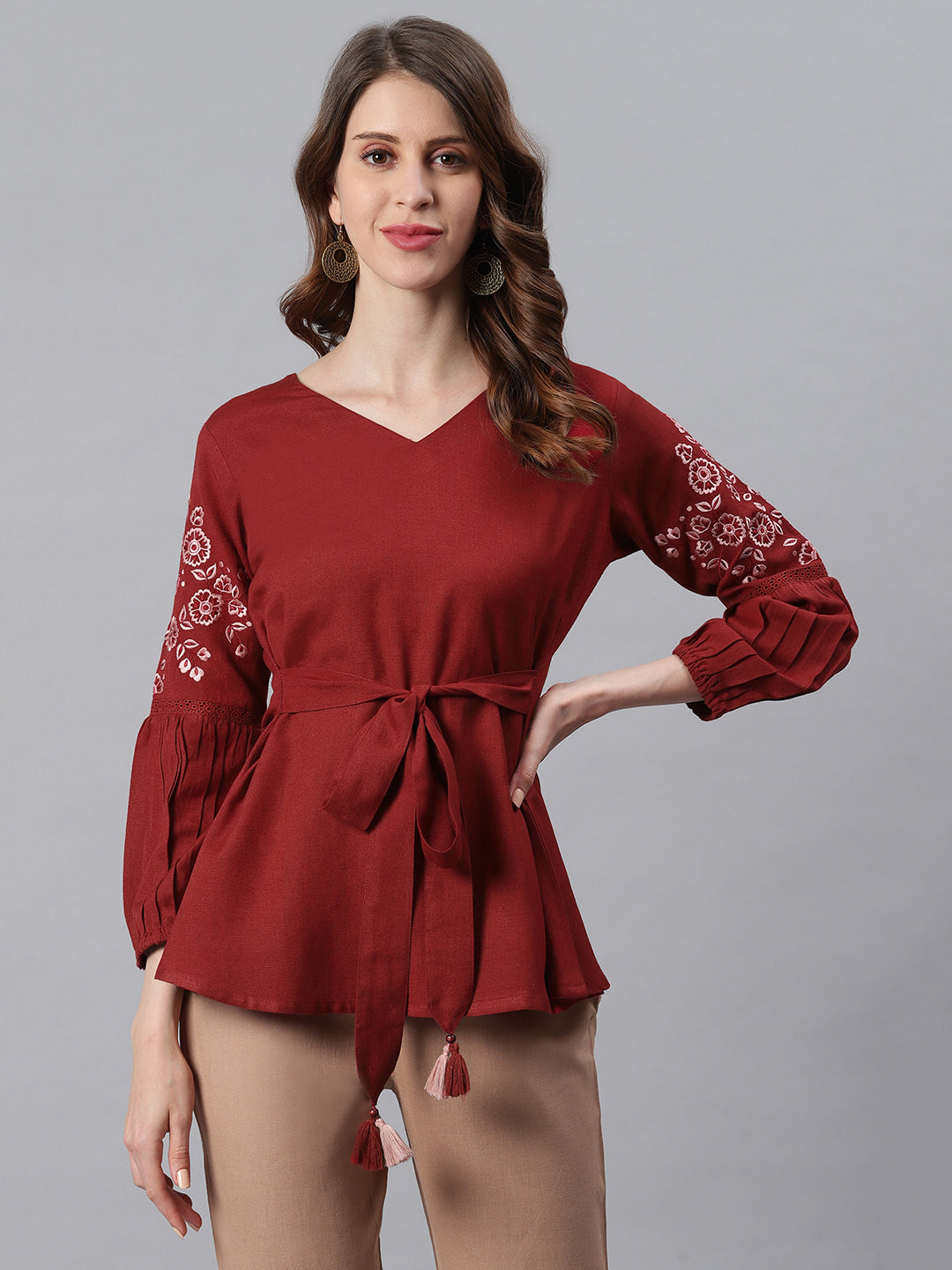 Janasya Women's Maroon Cotton Flex Embroidered A-Line Top | Swadesiicart