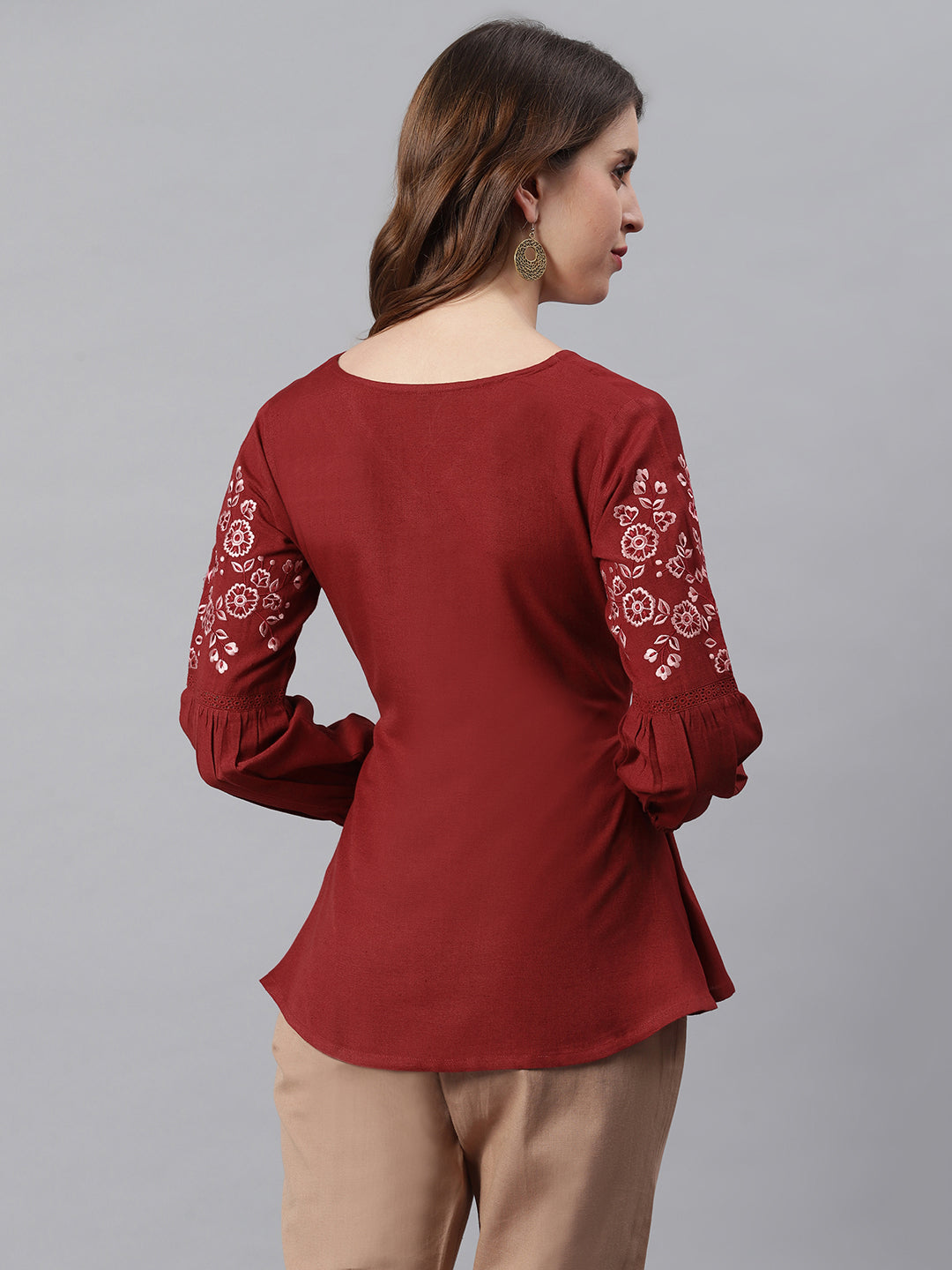 Janasya Women's Maroon Cotton Flex Embroidered A-Line Top | Swadesiicart