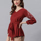 Janasya Women's Maroon Cotton Flex Embroidered A-Line Top | Swadesiicart