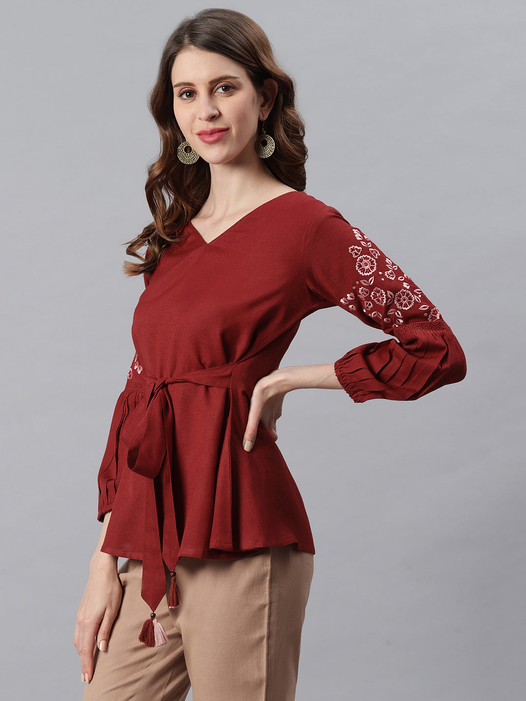 Janasya Women's Maroon Cotton Flex Embroidered A-Line Top | Swadesiicart