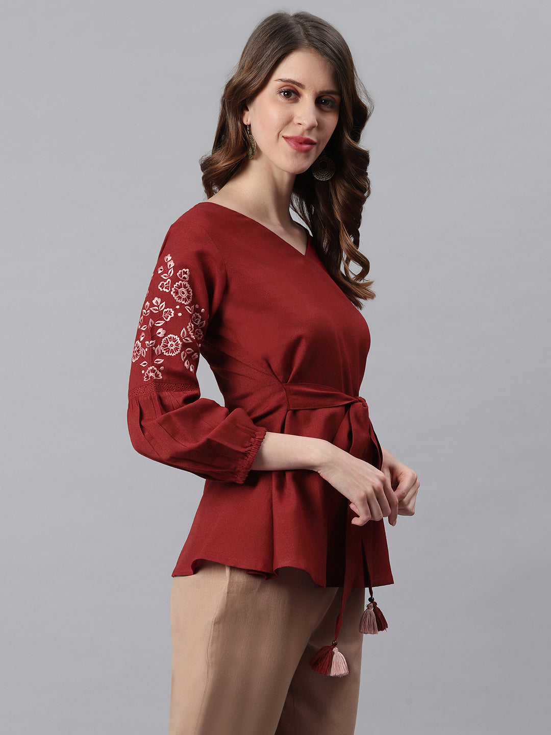 Janasya Women's Maroon Cotton Flex Embroidered A-Line Top | Swadesiicart