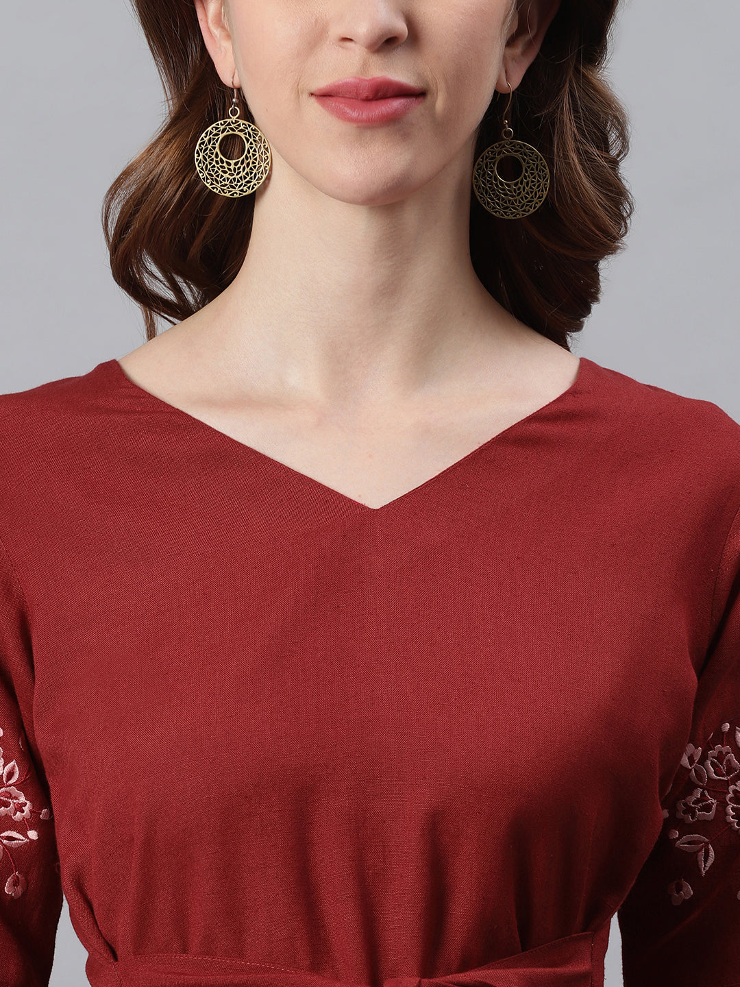 Janasya Women's Maroon Cotton Flex Embroidered A-Line Top | Swadesiicart