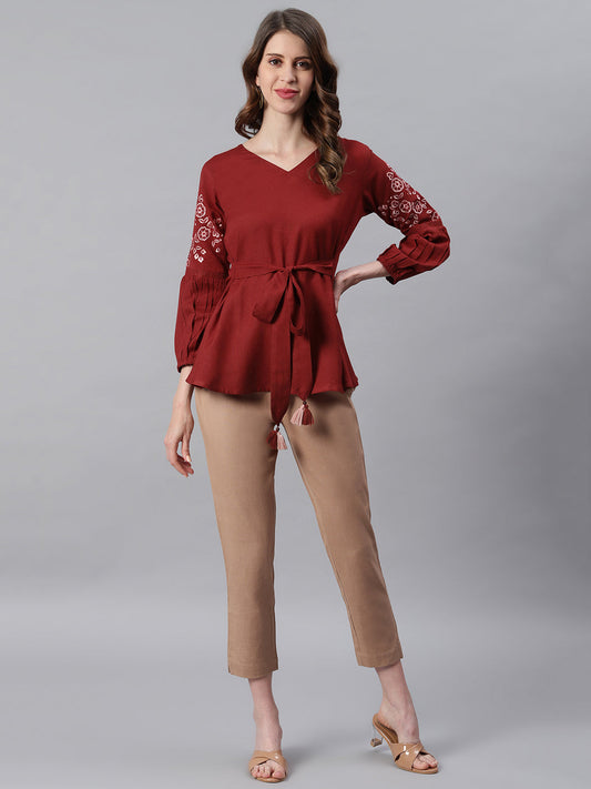 Janasya Women's Maroon Cotton Flex Embroidered A-Line Top | Swadesiicart