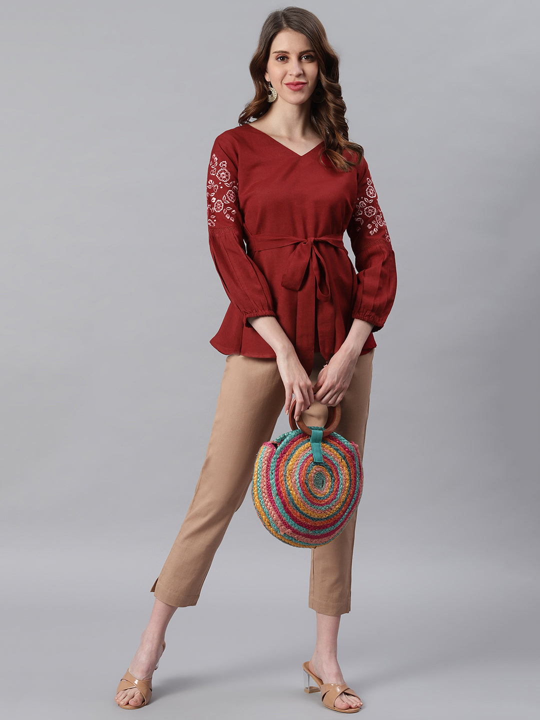 Janasya Women's Maroon Cotton Flex Embroidered A-Line Top | Swadesiicart