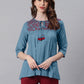 Janasya Women's Blue Cotton Flex Embroidered Gathered Top | Swadesiicart